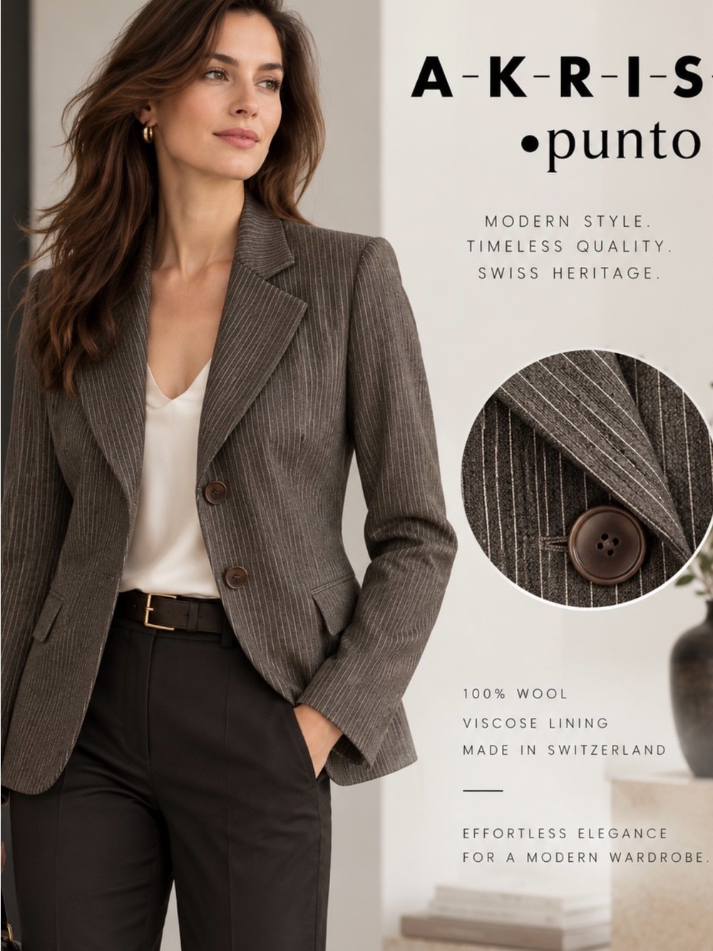 Akris Punto 100% Wool Pinstripe Blazer Brown Workwear Luxury Career Size 12